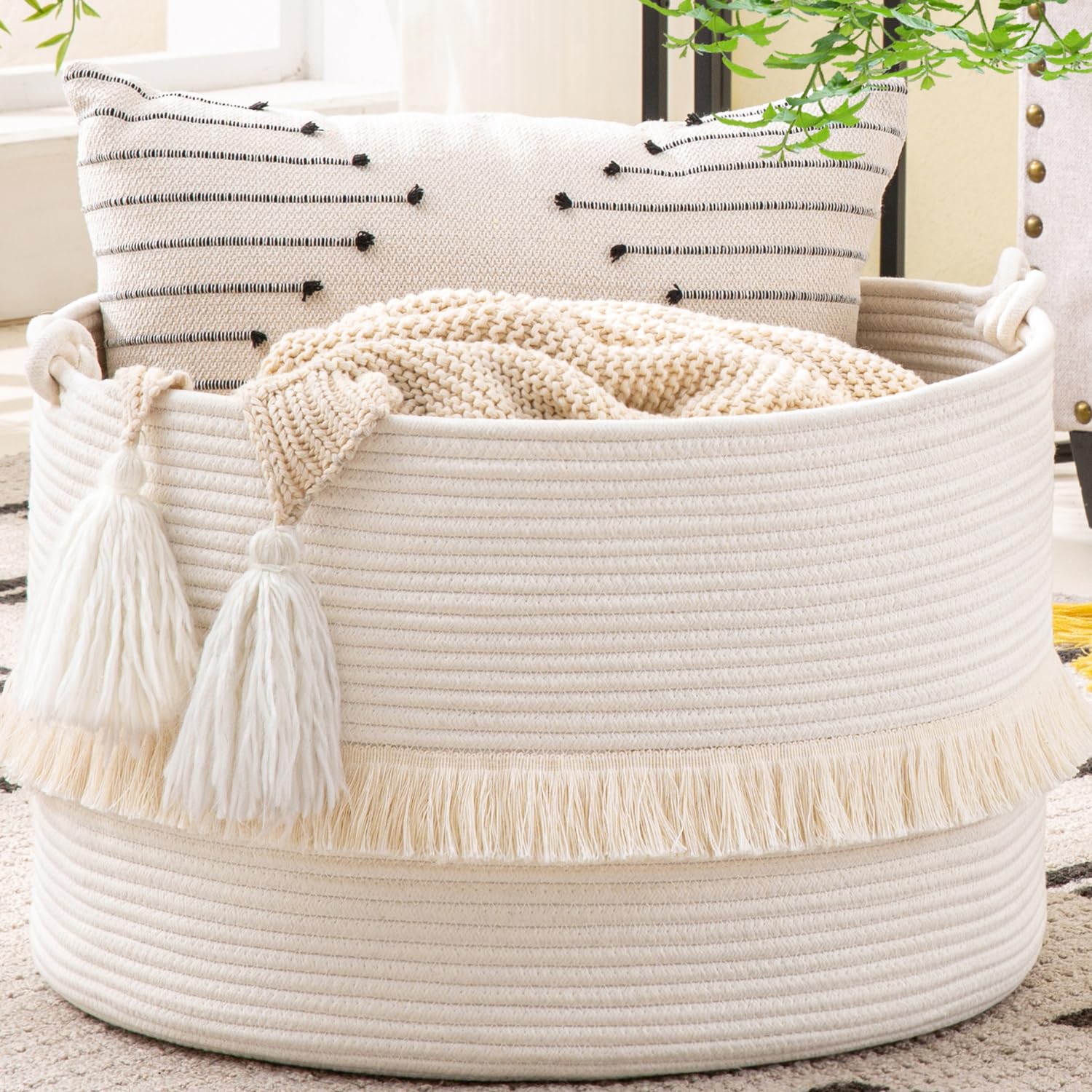 Woven Blanket Basket – 20"x13" Cotton Rope, Storage for Pillows or Toys