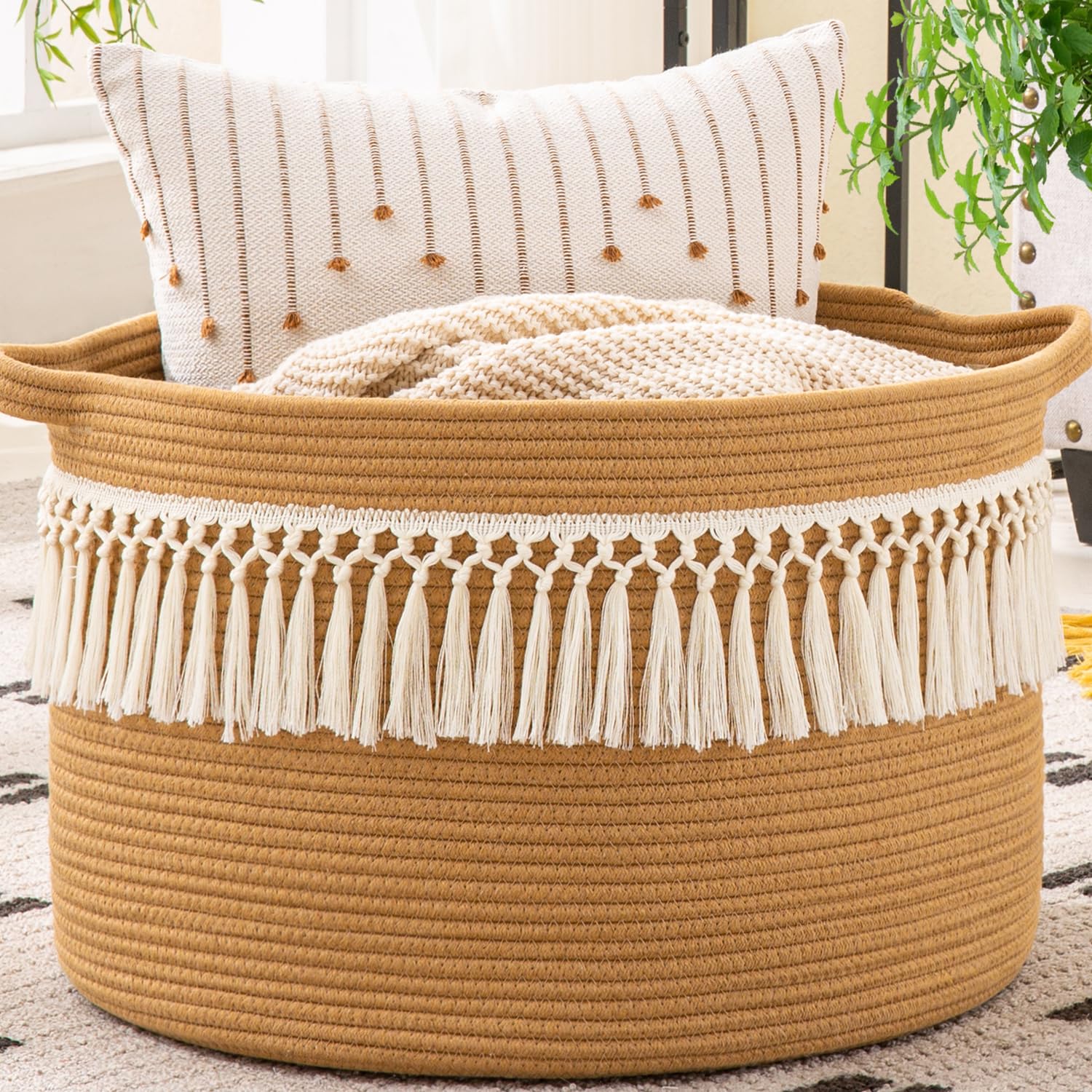 Woven Blanket Basket – 20"x13" Cotton Rope, Storage for Pillows or Toys