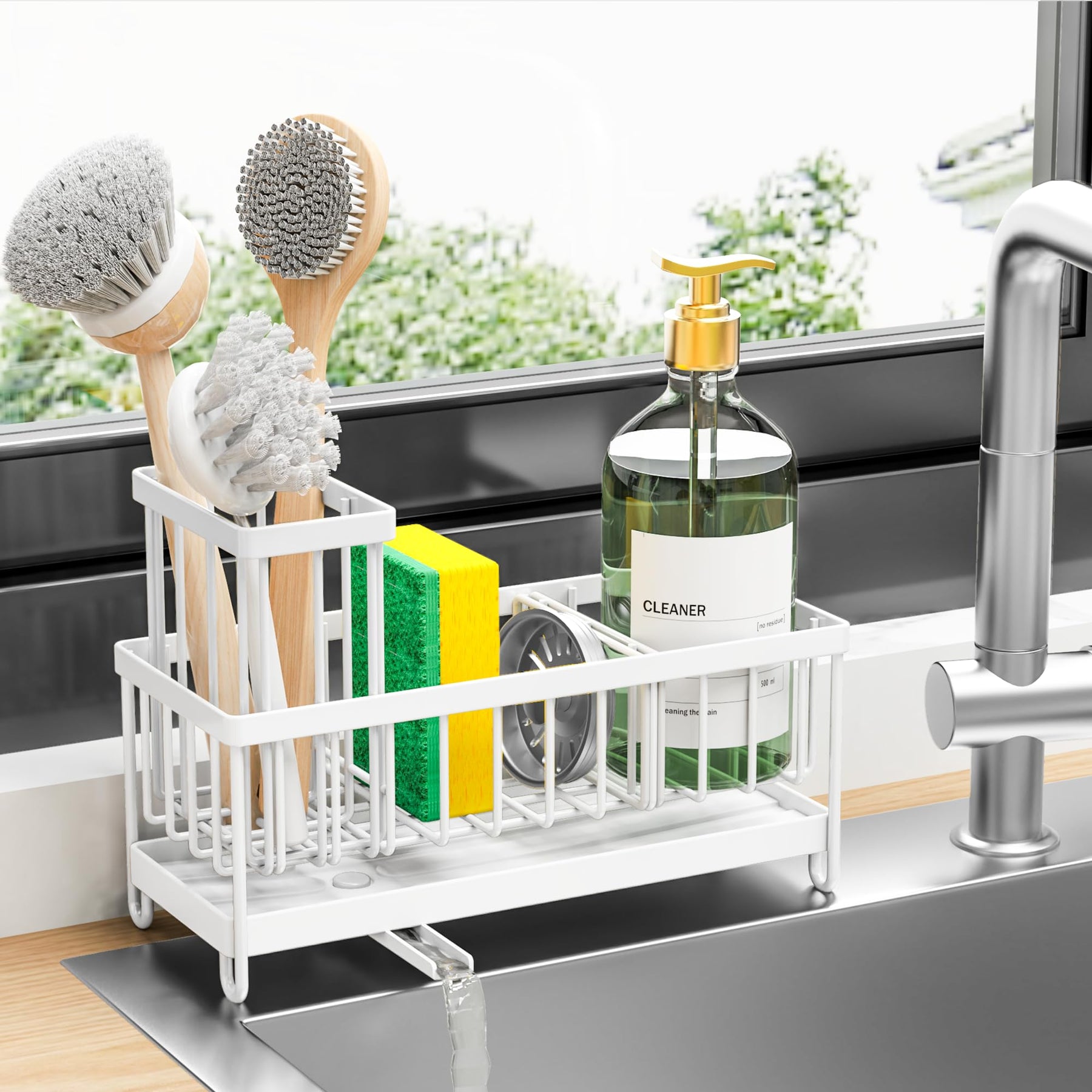 Sponge Holder with Brush Slot – Rustproof Stainless Steel Sink Caddy Organizer