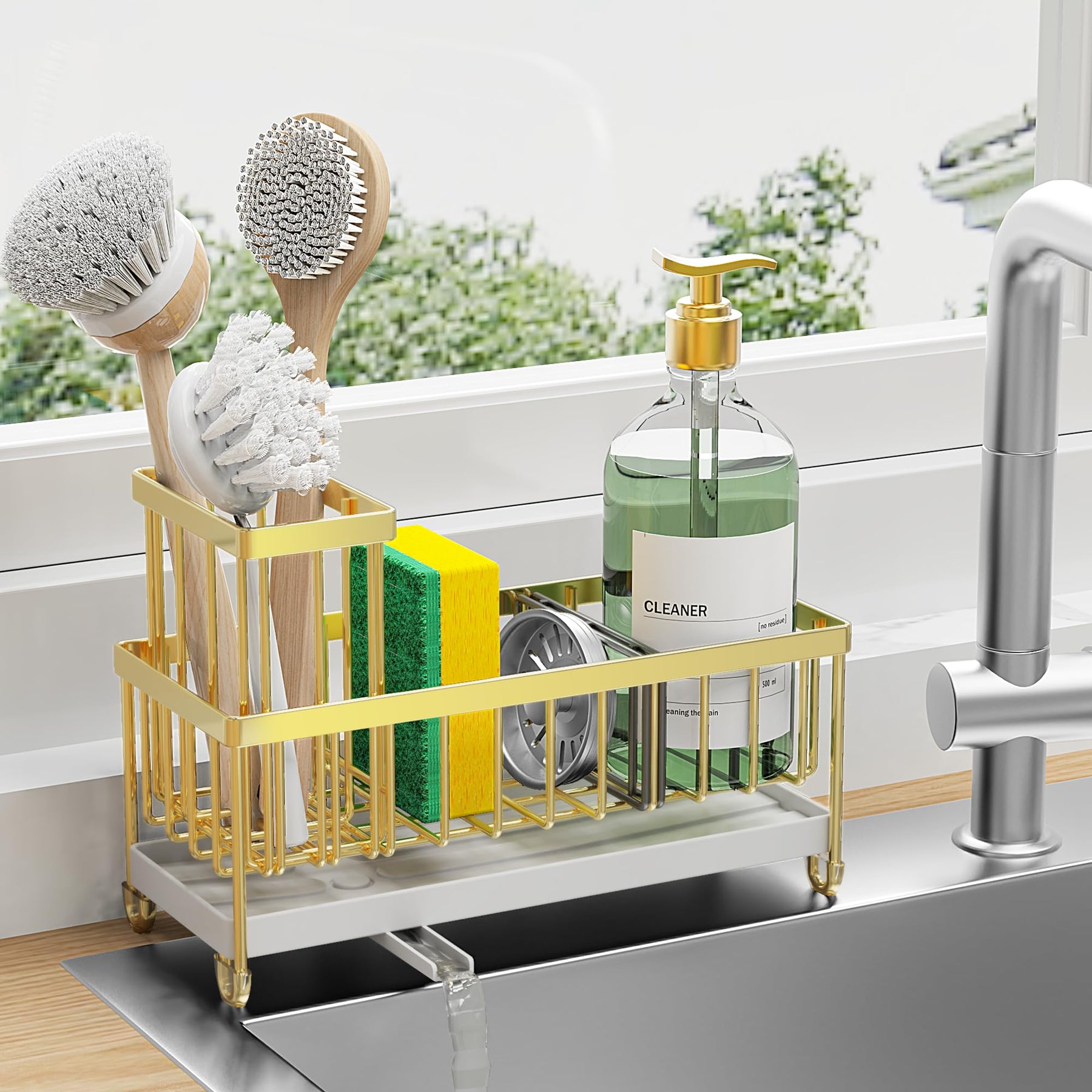 Sponge Holder with Brush Slot – Rustproof Stainless Steel Sink Caddy Organizer