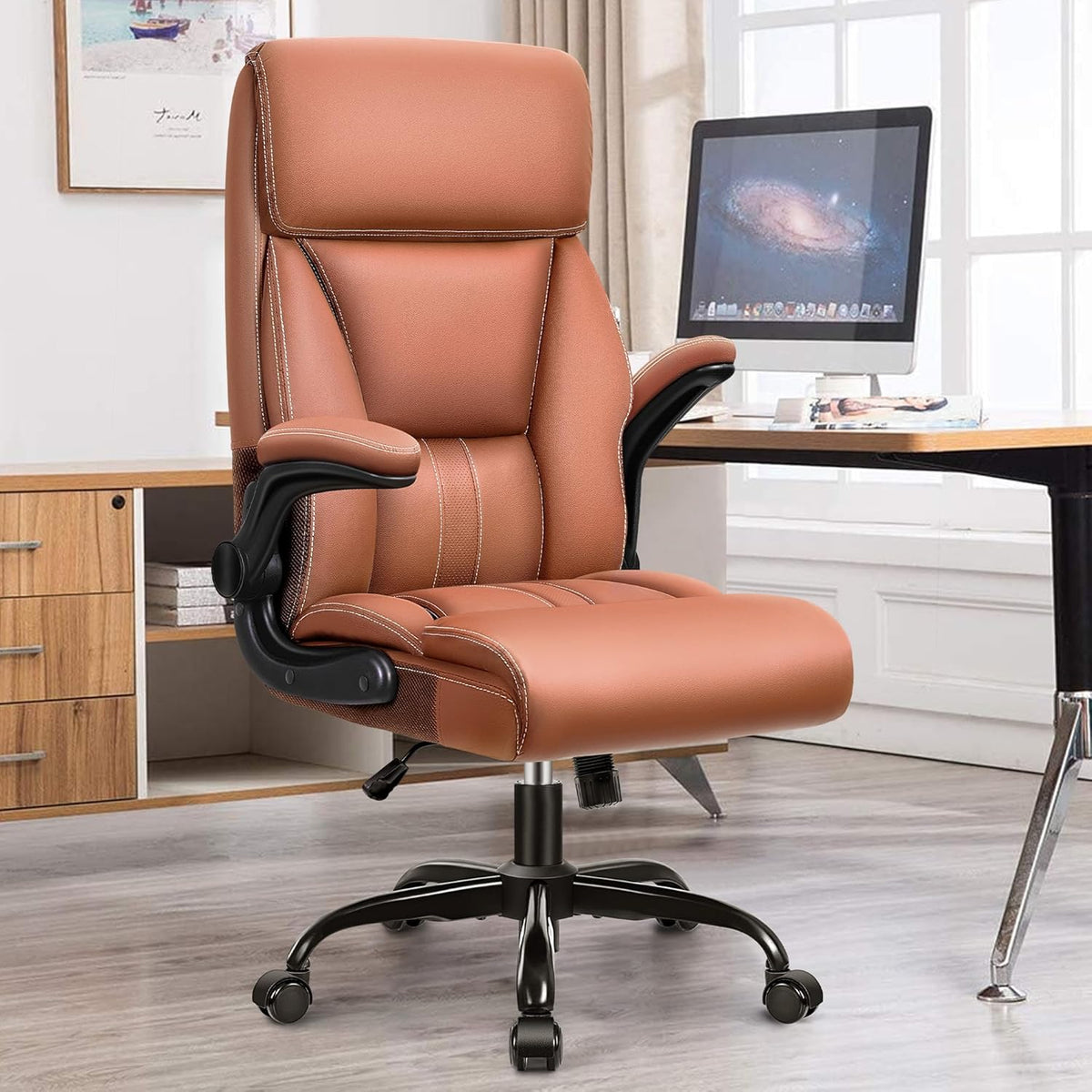 Executive Office Chair – Leather, Flip-Up Arms, Swivel, Brown