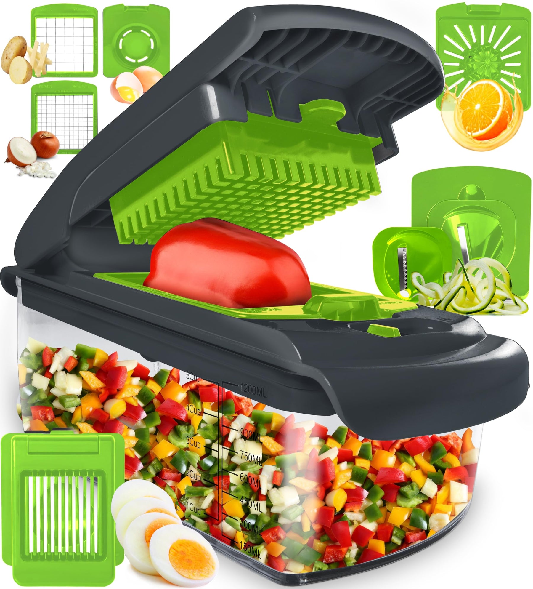 Vegetable Chopper and Spiralizer – 4-in-1 Food Cutter with Container