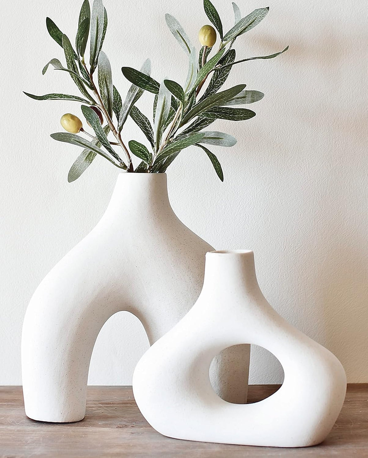 Donut Vase Set – 2 White Ceramic Modern Vases, Minimalist Decor