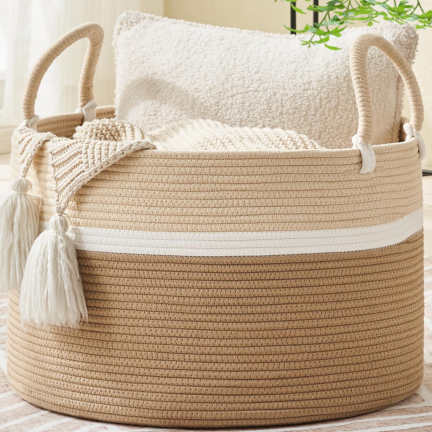Woven Blanket Basket – 20"x13" Cotton Rope, Storage for Pillows or Toys