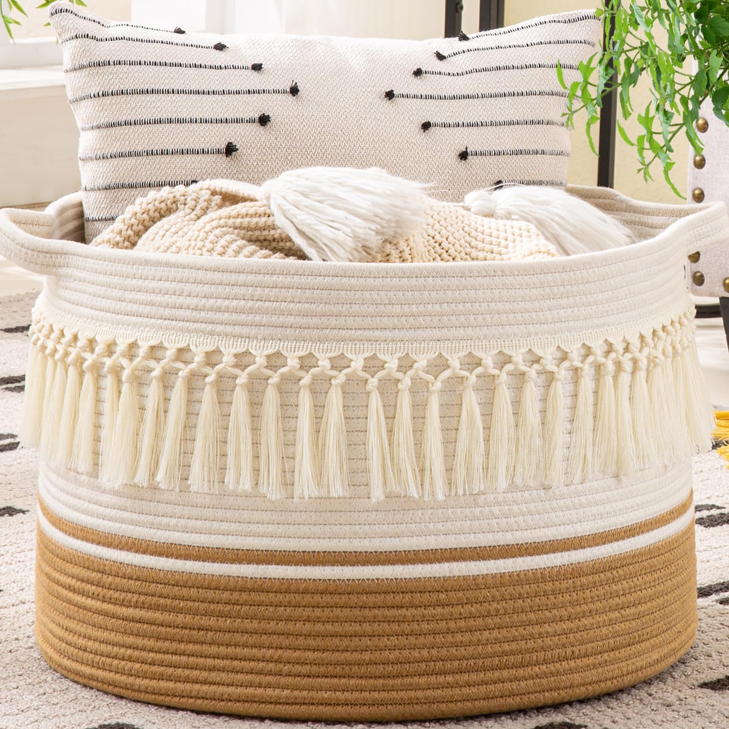 Woven Blanket Basket – 20"x13" Cotton Rope, Storage for Pillows or Toys