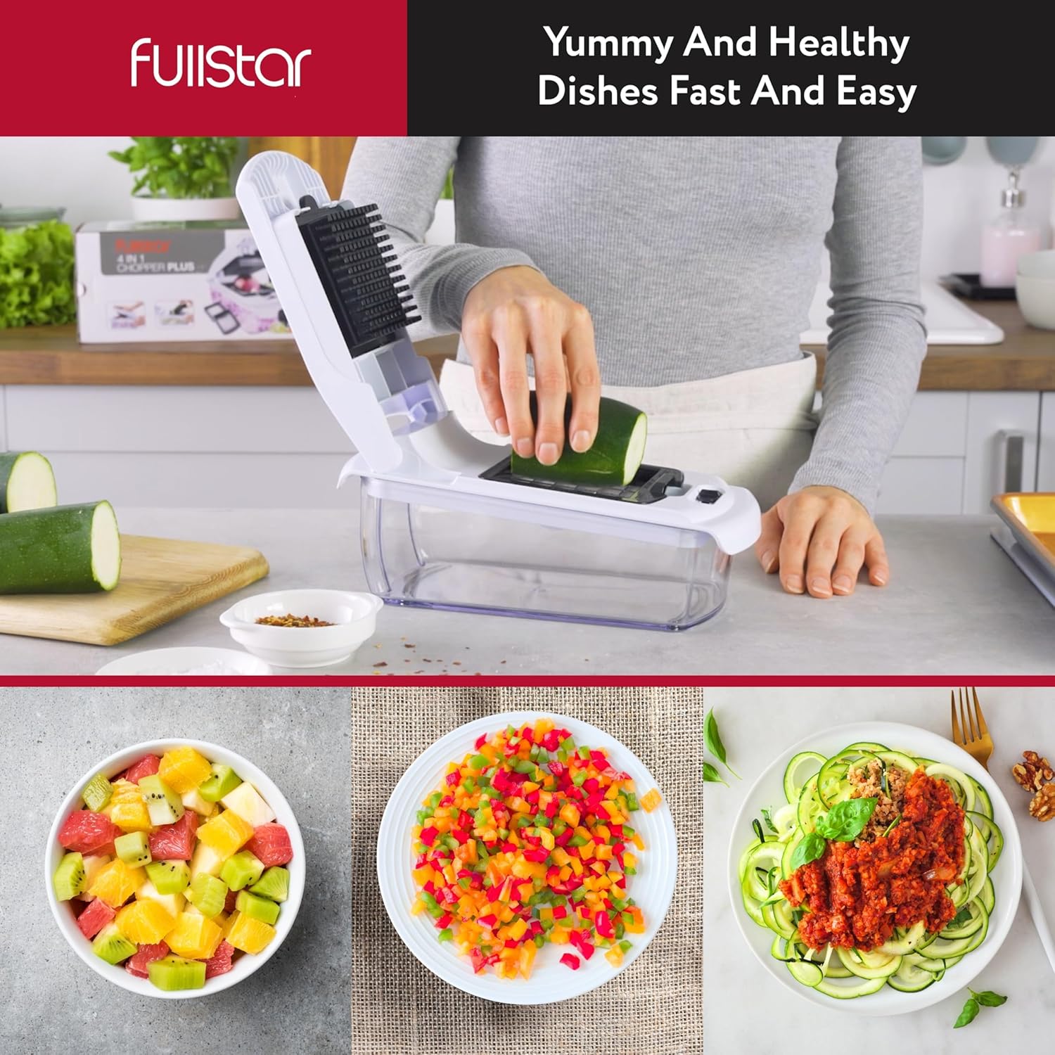 Vegetable Chopper and Spiralizer – 4-in-1 Food Cutter with Container